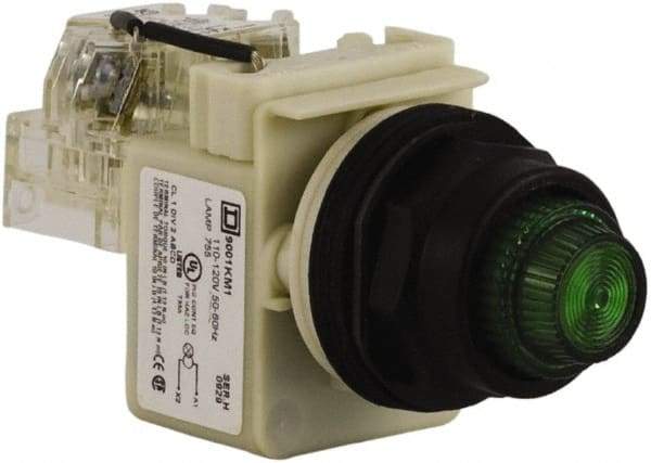 Schneider Electric - 110 VAC at 50/60 Hz via Transformer, 120 VAC at 50/60 Hz via Transformer Green Lens Press-to-Test Indicating Light - Round Lens, Screw Clamp Connector, Corrosion Resistant, Dust Resistant, Oil Resistant - Makers Industrial Supply