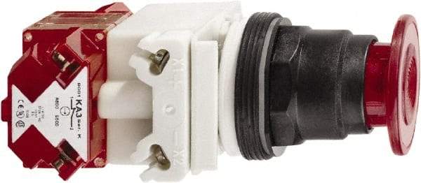 Schneider Electric - 30mm Mount Hole, Extended Straight, Pushbutton Switch with Contact Block - Red Pushbutton, Maintained (MA), Momentary (MO) - Makers Industrial Supply