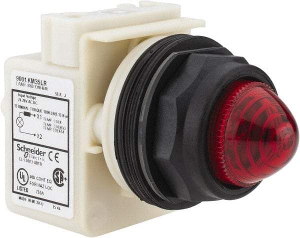 Schneider Electric - 24 VAC/DC Red Lens LED Pilot Light - Round Lens, Screw Clamp Connector, 54mm OAL x 42mm Wide, Vibration Resistant - Makers Industrial Supply