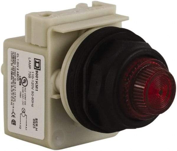 Schneider Electric - 110 VAC at 50/60 Hz via Transformer, 120 VAC at 50/60 Hz via Transformer Red Lens Indicating Light - Round Lens, Screw Clamp Connector, Corrosion Resistant, Dust Resistant, Oil Resistant - Makers Industrial Supply