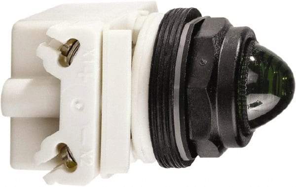 Schneider Electric - 120 VAC/VDC Green Lens Incandescent Pilot Light - Round Lens, Screw Clamp Connector, 54mm OAL x 42mm Wide, Vibration Resistant - Makers Industrial Supply