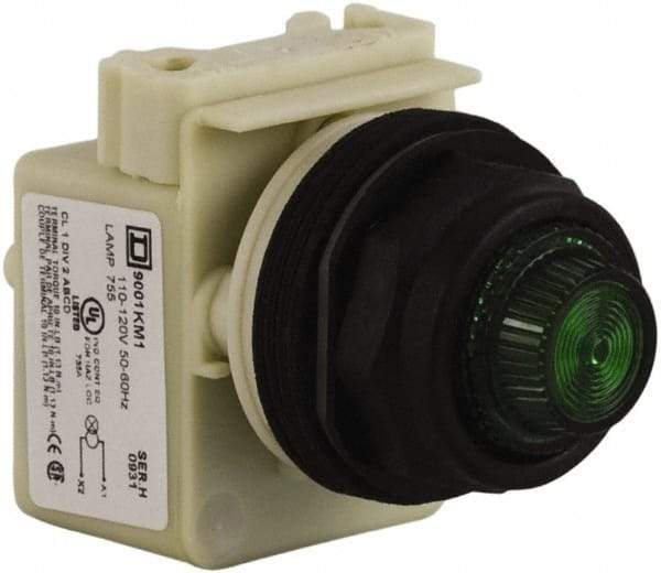 Schneider Electric - 110 VAC at 50/60 Hz via Transformer, 120 VAC at 50/60 Hz via Transformer Green Lens Indicating Light - Round Lens, Screw Clamp Connector, Corrosion Resistant, Dust Resistant, Oil Resistant - Makers Industrial Supply