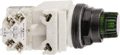 Schneider Electric - 30mm Mount Hole, Extended Straight, Pushbutton Switch with Contact Block - Green Pushbutton, Momentary (MO) - Makers Industrial Supply