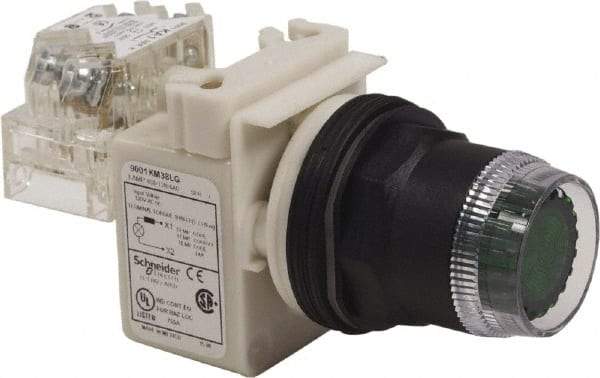 Schneider Electric - 30mm Mount Hole, Extended Straight, Pushbutton Switch with Contact Block - Green Pushbutton, Momentary (MO) - Makers Industrial Supply