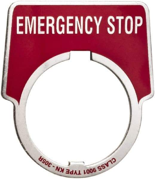 Schneider Electric - Aluminum Legend Plate - Emergency Stop - Black Background, 30mm Hole Diameter, 1-3/4 Inch Wide - Makers Industrial Supply