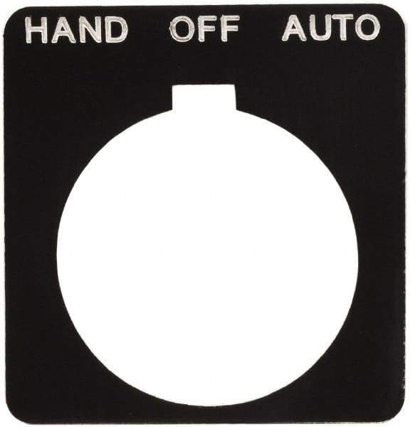 Schneider Electric - Square, Plastic Legend Plate - Hand-Off-Auto - Black Background, White Letters, 1.2 Inch Hole Diameter, 1-3/4 Inch Square - Makers Industrial Supply