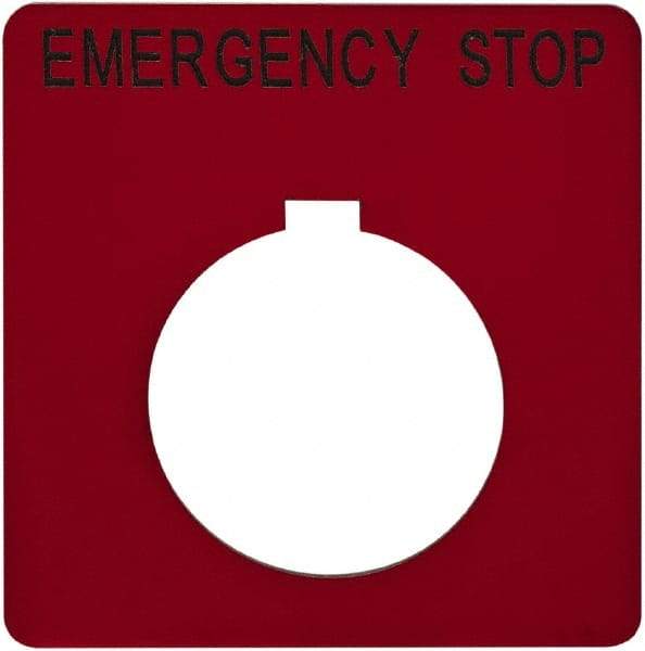 Schneider Electric - Square, Plastic Legend Plate - Emergency Stop - Red Background, Black Letters, 1.2 Inch Hole Diameter, 2-1/4 Inch Square - Makers Industrial Supply