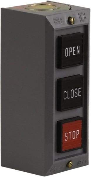 Schneider Electric - 3 Operator, Projecting Pushbutton Control Station - Close, Open, Stop (Legend), Momentary Switch, 2NO/3NC Contact, NEMA 1 - Makers Industrial Supply