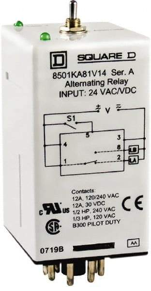 Square D - 8 Pins, 1/2 hp at 240 Volt & 1/3 hp at 120 Volt, Electromechanical Plug-in General Purpose Relay - 12 Amp at 240 VAC, DPDT, 240 VAC, 36mm Wide x 65mm High x 44mm Deep - Makers Industrial Supply