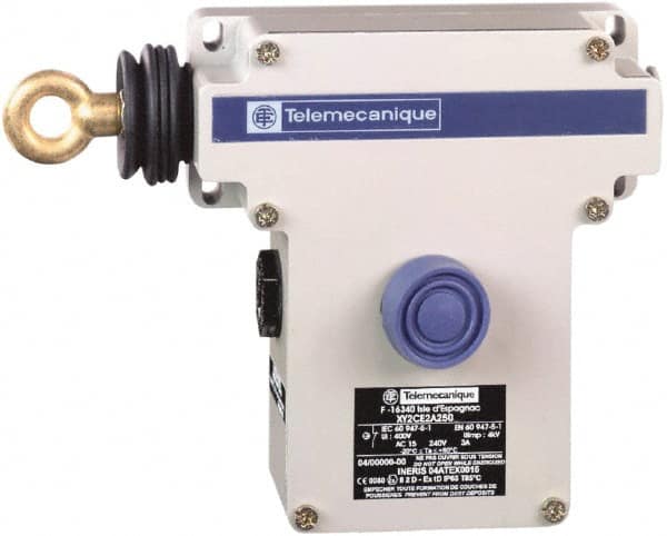 Telemecanique Sensors - 10 Amp, 2NO/2NC Configuration, Left Hand Operation, Rope Operated Limit Switch - Pushbutton Reset, Rope Pull, Pilot Light Indicator, 300 VAC - Makers Industrial Supply