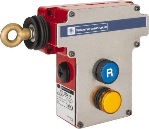 Telemecanique Sensors - 10 Amp, 2NO/2NC Configuration, Left Hand Operation, Rope Operated Limit Switch - Pushbutton Reset, Cable Pull, Pilot Light Indicator, 300 VAC - Makers Industrial Supply