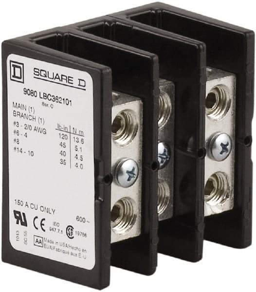 Square D - 3 Poles, 150 (Copper) Amp, Phenolic Power Distribution Block - 600 VAC, 1 Primary Connection - Makers Industrial Supply