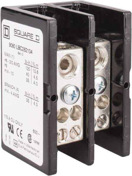 Square D - 2 Poles, 175 (Copper) Amp, Phenolic Power Distribution Block - 600 VAC, 1 Primary Connection - Makers Industrial Supply