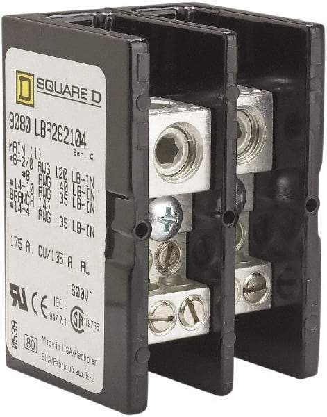 Square D - 2 Poles, 135 (Aluminium), 175 (Copper) Amp, Phenolic Power Distribution Block - 600 VAC, 1 Primary Connection - Makers Industrial Supply