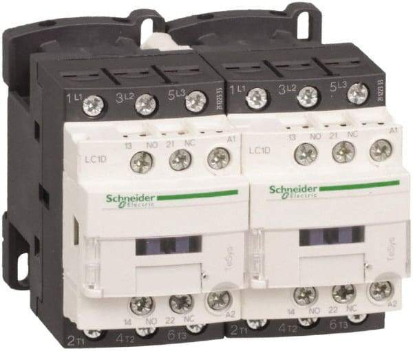 Schneider Electric - 3 Pole, 220 Coil VAC at 50/60 Hz, 12 Amp at 440 VAC, Reversible IEC Contactor - 1 Phase hp: 1 at 115 VAC, 2 at 230/240 VAC, 3 Phase hp: 10 at 575/600 VAC, 3 at 200/208 VAC, 3 at 230/240 VAC, 7.5 at 460/480 VAC - Makers Industrial Supply