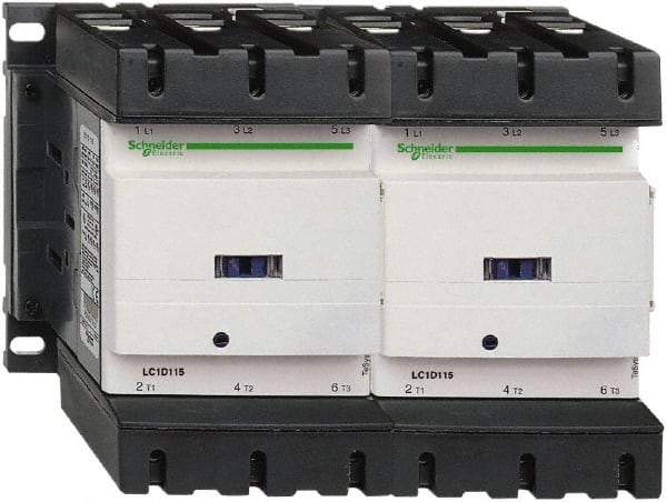 Schneider Electric - 3 Pole, 120 Coil VAC at 50/60 Hz, 115 Amp at 440 VAC, Reversible IEC Contactor - 3 Phase hp: 100 at 575/600 VAC, 30 at 200/208 VAC, 40 at 230/240 VAC, 75 at 460/480 VAC - Makers Industrial Supply