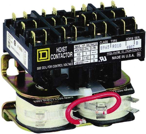 Square D - 3 Pole, 110 Coil VAC at 50 Hz and 120 Coil VAC at 60 Hz, Reversible Definite Purpose Contactor - Phase 1 and Phase 3 Hp:  1 at 115 VAC, 1.5 at 230 VAC, 3 at 230 VAC, 3 at 460 VAC, 3 at 575 VAC, CSA, RoHS Compliant, UL Listed - Makers Industrial Supply