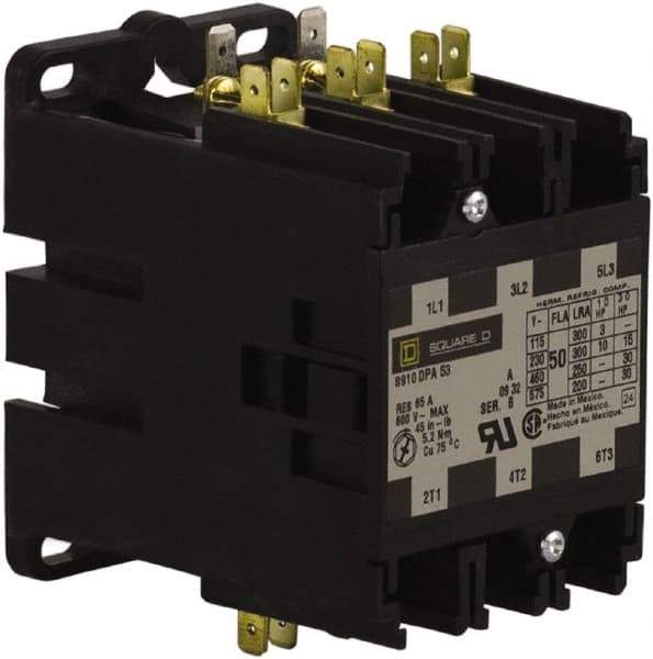 Square D - 3 Pole, 50 Amp Inductive Load, 277 Coil VAC at 60 Hz, Definite Purpose Contactor - Phase 1 and Phase 3 Hp:  10 at 230 VAC, 15 at 230 VAC, 3 at 115 VAC, 30 at 460 VAC, 30 at 575 VAC, 65 Amp Resistive Rating, CE, CSA, UL Listed - Makers Industrial Supply