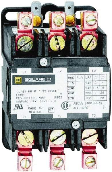 Square D - 3 Pole, 40 Amp Inductive Load, 277 Coil VAC at 60 Hz, Definite Purpose Contactor - Phase 1 and Phase 3 Hp:  10 at 230 VAC, 20 at 460 VAC, 25 at 575 VAC, 3 at 115 VAC, 7.5 at 230 VAC, 50 Amp Resistive Rating, CE, CSA, UL Listed - Makers Industrial Supply