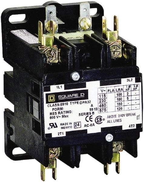 Square D - 2 Pole, 30 Amp Inductive Load, 208 to 240 Coil VAC at 60 Hz and 220 Coil VAC at 50 Hz, Definite Purpose Contactor - Phase 1 Hp:  2 at 115 VAC, 5 at 230 VAC, 40 Amp Resistive Rating, CE, CSA, UL Listed - Makers Industrial Supply