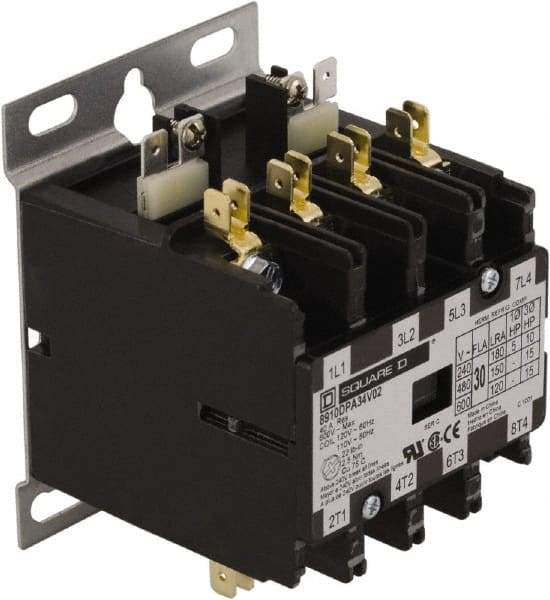 Square D - 4 Pole, 20 Amp Inductive Load, 24 Coil VAC at 50/60 Hz, Definite Purpose Contactor - Phase 1 and Phase 3 Hp:  1.5 at 115 VAC, 3 at 230 VAC, 7.5 at 230 VAC, 7.5 at 460 VAC, 7.5 at 575 VAC, 30 Amp Resistive Rating, CE, CSA, UL Listed - Makers Industrial Supply