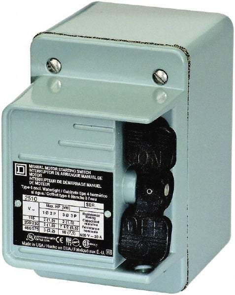 Square D - 2 Poles, 30 Amp, NEMA, Enclosed Toggle Manual Motor Starter - 1 hp at 90 VDC, 1-1/2 hp at 230 VDC, 2 hp at 115 VAC, 2 hp at 115 VDC, 2 hp at 230 VAC, 3 hp at 460 VAC & 3 hp at 575 VAC, CE, CSA, NEMA 4 & UL Listed - Makers Industrial Supply