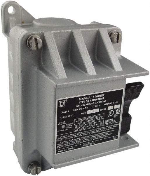 Square D - 1 Pole, 16 Amp, NEMA, Enclosed Toggle Manual Motor Starter - 1 hp at 115 VAC, 1 hp at 230 VAC, 1 hp at 277 VAC, CE, CSA, NEMA 3R/7/9 & UL Listed - Makers Industrial Supply