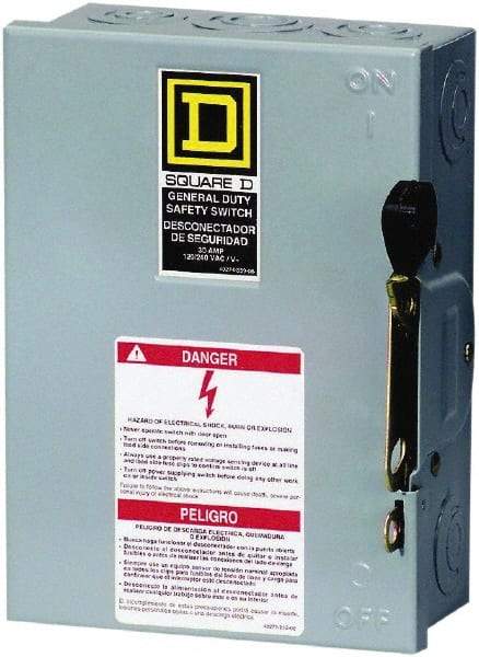 Square D - 30 Amp, 240 V, 2 Pole Fused Safety Switch - NEMA 1, 3 hp at 240 VAC (Single Phase), 7.5 hp at 240 VAC (Triple Phase), DPST Contact Form - Makers Industrial Supply