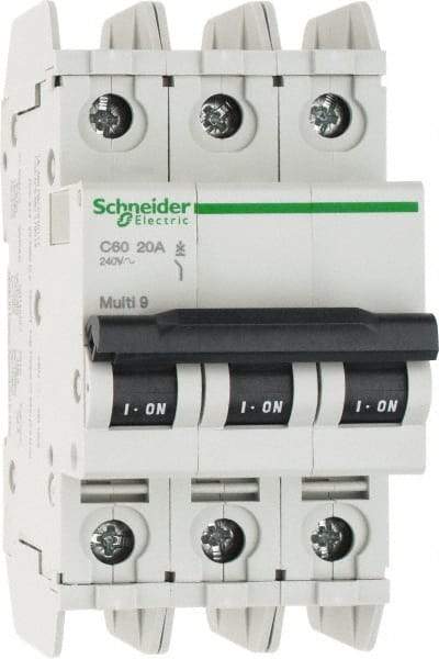 Schneider Electric - 20 Amp, 125 VDC, 240 VAC, 60 VDC, 3 Pole, DIN Rail Mount, Fixed Mount Miniature Circuit Breaker - Thermal Magnetic Trip, Multiple Breaking Capacity Ratings, 73mm Deep x 107mm High x 54mm Wide - Makers Industrial Supply