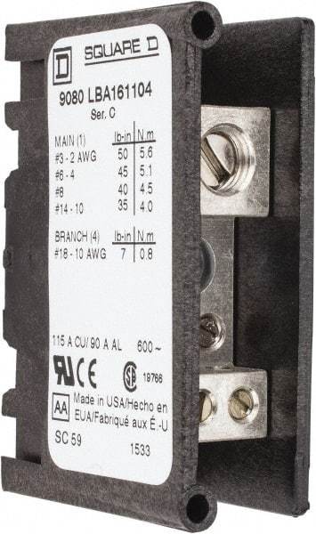 Square D - 1 Pole, 115 (Copper), 90 (Aluminium) Amp, Thermoplastic Power Distribution Block - 600 VAC, 1 Primary Connection - Makers Industrial Supply