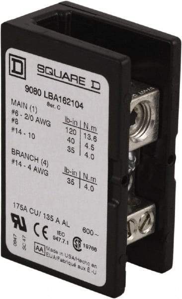 Square D - 1 Pole, 175 (Copper) Amp, Phenolic Power Distribution Block - 600 VAC, 1 Primary Connection - Makers Industrial Supply