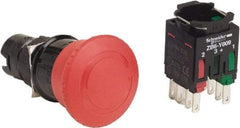 Schneider Electric - 16mm Mount Hole, Extended Mushroom Head, Pushbutton Switch with Contact Block - Round, Red Pushbutton, Maintained (MA), Momentary (MO) - Makers Industrial Supply