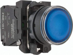 Schneider Electric - 22mm Mount Hole, Flush, Pushbutton Switch with Contact Block - Round, Blue Pushbutton, Illuminated, Momentary (MO) - Makers Industrial Supply