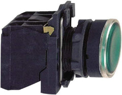 Schneider Electric - 22mm Mount Hole, Flush, Pushbutton Switch with Contact Block - Round, Green Pushbutton, Illuminated, Momentary (MO) - Makers Industrial Supply