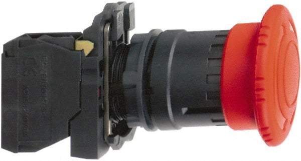 Schneider Electric - 22mm Mount Hole, Extended Mushroom Head, Pushbutton Switch with Contact Block - Round, Red Pushbutton, Maintained (MA), Momentary (MO) - Makers Industrial Supply