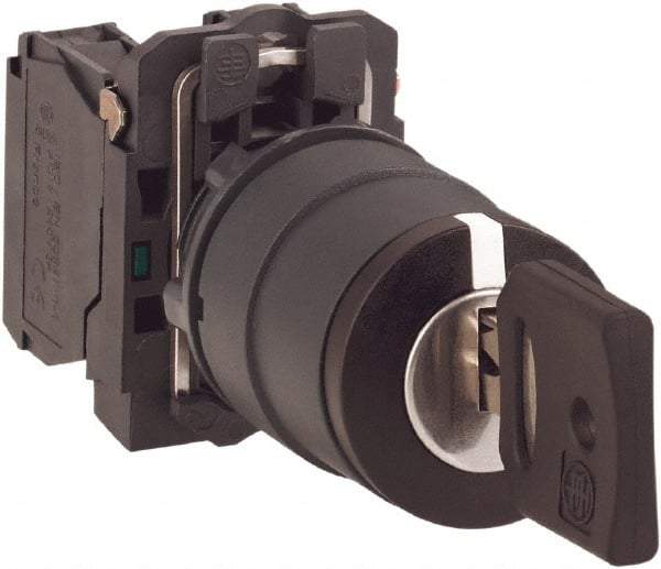 Schneider Electric - 22mm Mount Hole, 3 Position, Key Operated, Selector Switch with Contact Blocks - Maintained (MA), 2NO, Shock, Vibration and Water Resistant - Makers Industrial Supply