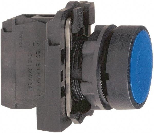 Schneider Electric - 22mm Mount Hole, Flush, Pushbutton Switch with Contact Block - Round, Blue Pushbutton, Momentary (MO) - Makers Industrial Supply