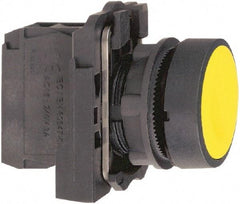 Schneider Electric - 22mm Mount Hole, Flush, Pushbutton Switch with Contact Block - Round, Yellow Pushbutton, Momentary (MO) - Makers Industrial Supply