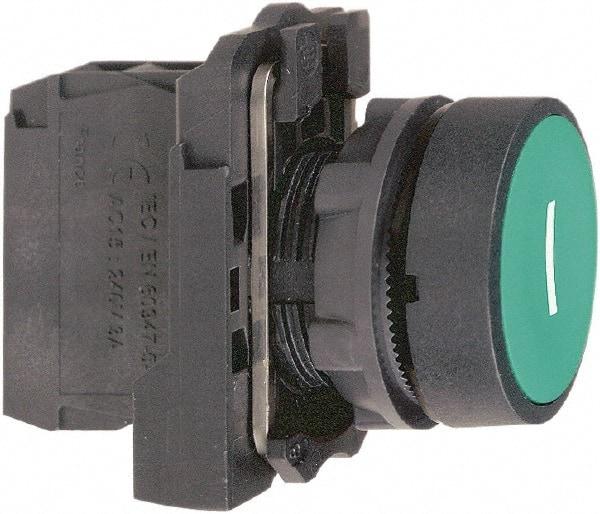 Schneider Electric - 22mm Mount Hole, Flush, Pushbutton Switch with Contact Block - Round, Green Pushbutton, Momentary (MO) - Makers Industrial Supply