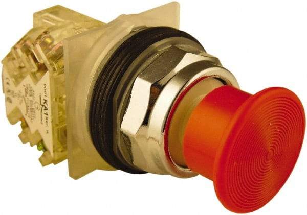 Schneider Electric - 30mm Mount Hole, Extended Mushroom Head, Pushbutton Switch with Contact Block - Round, Red Pushbutton, Momentary (MO) - Makers Industrial Supply