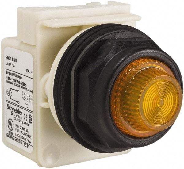 Schneider Electric - 110 VAC at 50/60 Hz via Transformer, 120 VAC at 50/60 Hz via Transformer Amber Lens Indicating Light - Round Lens, Screw Clamp Connector, Corrosion Resistant, Dust Resistant, Oil Resistant - Makers Industrial Supply