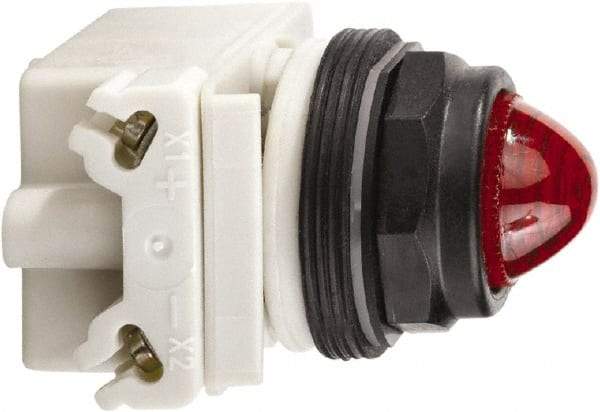 Schneider Electric - 120 VAC/VDC Red Lens LED Pilot Light - Round Lens, Screw Clamp Connector, 54mm OAL x 42mm Wide, Vibration Resistant - Makers Industrial Supply