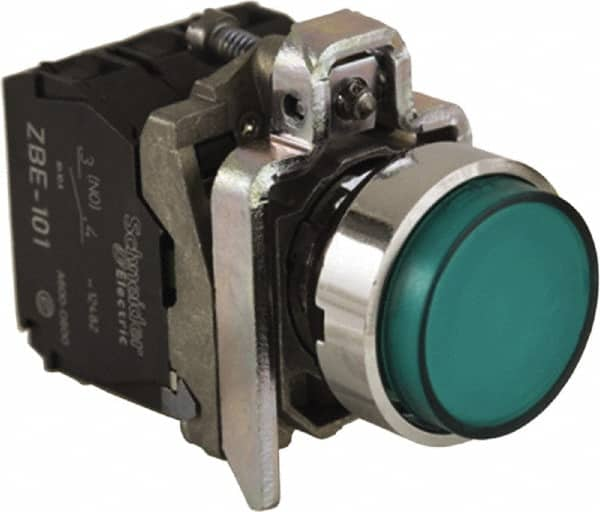 Schneider Electric - 0.87 Inch Mount Hole, Extended Straight, Pushbutton Switch - Round, Green Pushbutton, Illuminated, Momentary (MO), Anticorrosive, Dust Resistant and Vaportight - Makers Industrial Supply