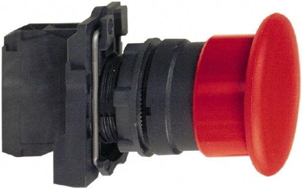 Schneider Electric - 22mm Mount Hole, Extended Mushroom Head, Pushbutton Switch with Contact Block - Round, Black Pushbutton, Momentary (MO) - Makers Industrial Supply