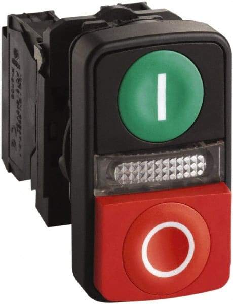 Schneider Electric - 22mm Mount Hole, Extended Straight, Flush, Pushbutton Switch Only - Rectangle, Green and Red Pushbutton, Illuminated, Momentary (MO), On-Off, Shock and Vibration Resistant - Makers Industrial Supply