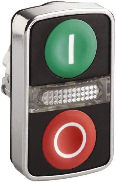 Schneider Electric - 22mm Mount Hole, Extended Straight, Flush, Pushbutton Switch Only - Rectangle, Green and Red Pushbutton, Illuminated, Momentary (MO), On-Off, Shock and Vibration Resistant - Makers Industrial Supply