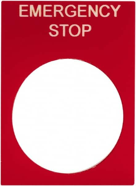 Schneider Electric - Rectangular, PVC Legend Plate - Emergency Stop - Red Background, White Letters, 22mm Hole Diameter, 30mm Wide x 40mm High - Makers Industrial Supply