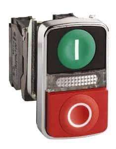 Schneider Electric - 22mm Mount Hole, Extended Straight, Flush, Pushbutton Switch Only - Rectangle, Green and Red Pushbutton, Illuminated, Momentary (MO), On-Off, Shock and Vibration Resistant - Makers Industrial Supply