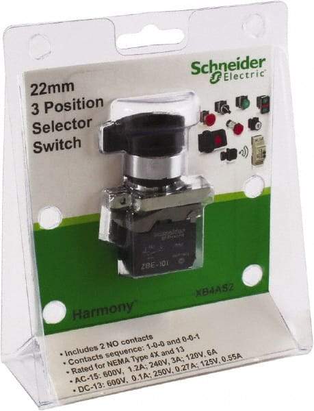 Schneider Electric - 22mm Mount Hole, 3 Position, Lever Operated, Selector Switch with Contact Blocks - Black, Maintained (MA), Nonilluminated, 1 Contact Block, 2NO - Makers Industrial Supply