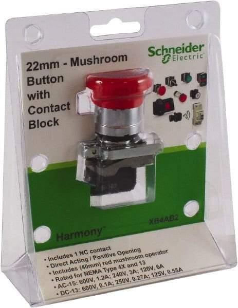 Schneider Electric - 22mm Mount Hole, Extended Mushroom Head, Pushbutton Switch with Contact Block - Round, Red Pushbutton, Nonilluminated - Makers Industrial Supply